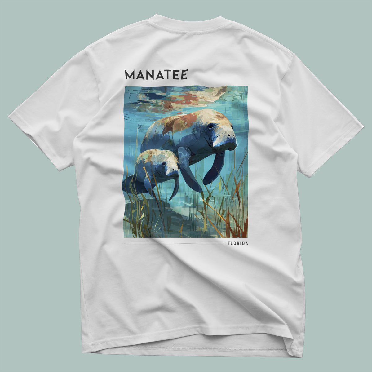 Manatee, Florida Travel T-Shirt | Gentle Waters, Wild Spirit — design printed on the back of the t-shirt