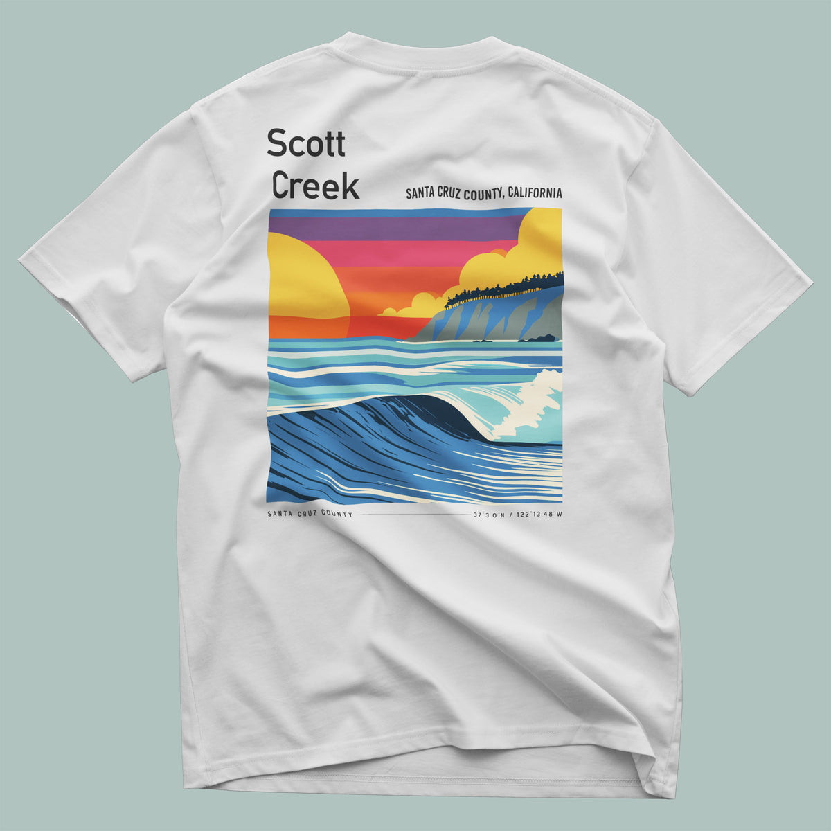 Scott Creek Surf T-Shirt | Central Coast Wave Art Tee — design printed on the back of the t-shirt