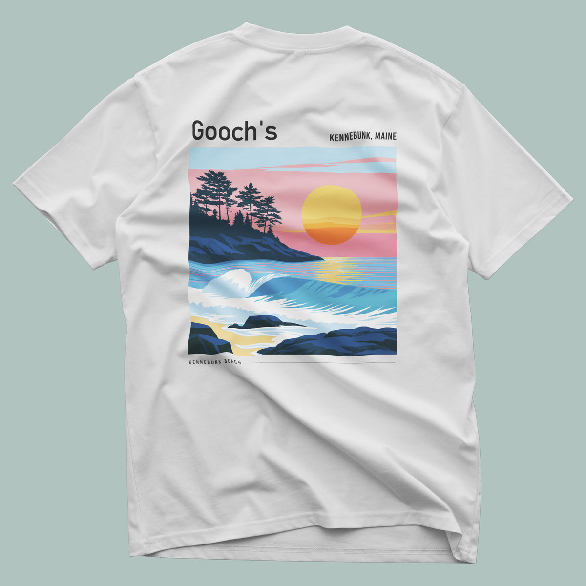 Gooch's Beach Surf T-Shirt | Maine Coast Wave Art Tee — design printed on the back of the t-shirt