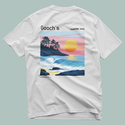 Gooch's Beach Surf T-Shirt | Maine Coast Wave Art Tee — design printed on the back of the t-shirt