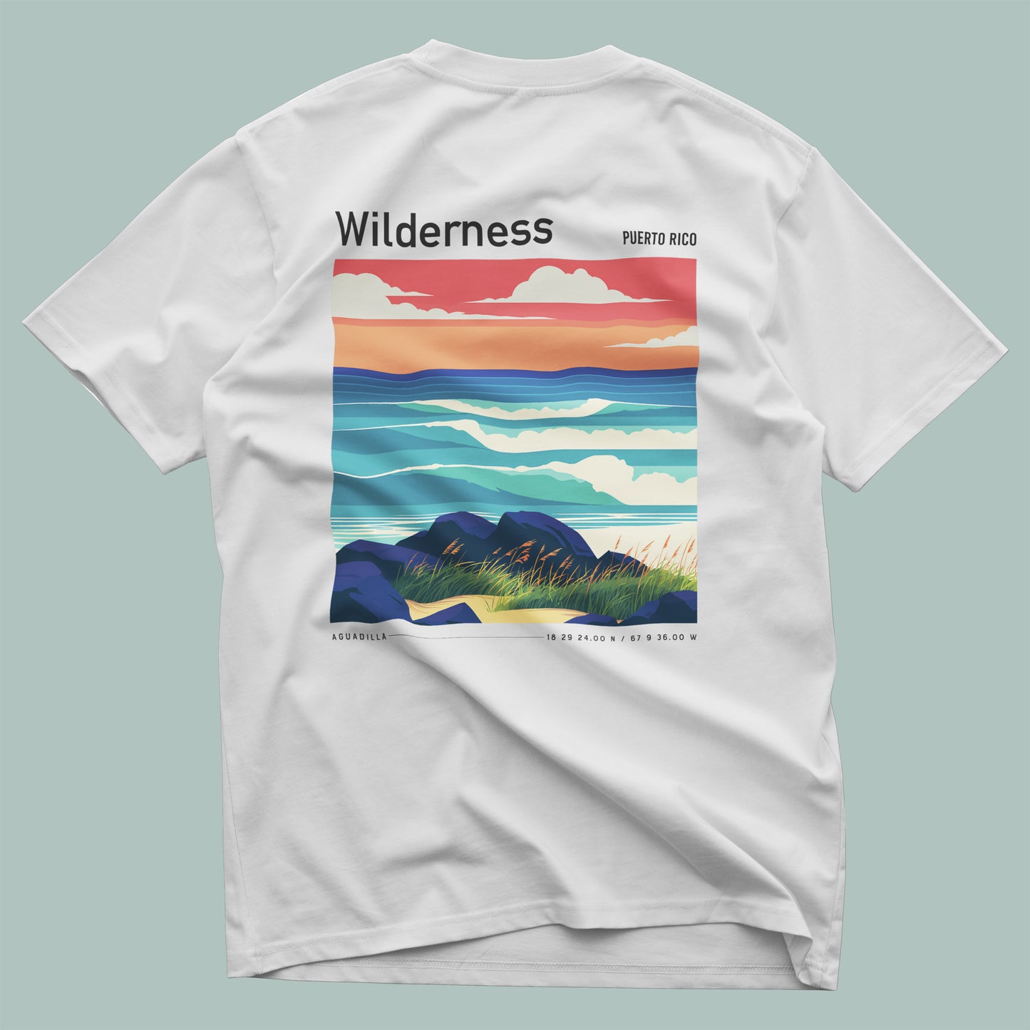 Wilderness Surf T-Shirt | Puerto Rico Wave Art Tee — design printed on the back of the t-shirt