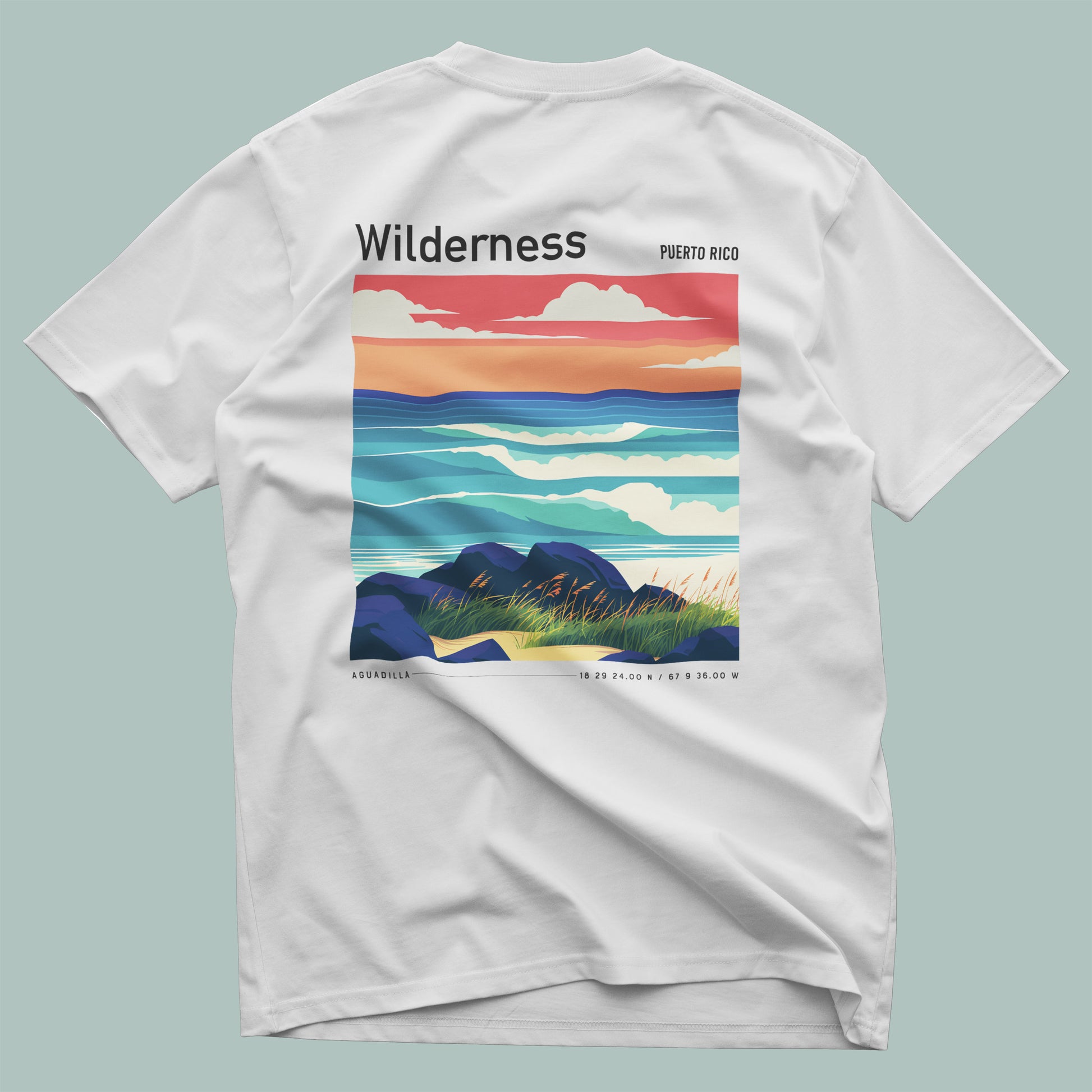 Wilderness Surf T-Shirt | Puerto Rico Wave Art Tee — design printed on the back of the t-shirt