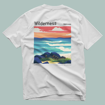 Wilderness Surf T-Shirt | Puerto Rico Wave Art Tee — design printed on the back of the t-shirt