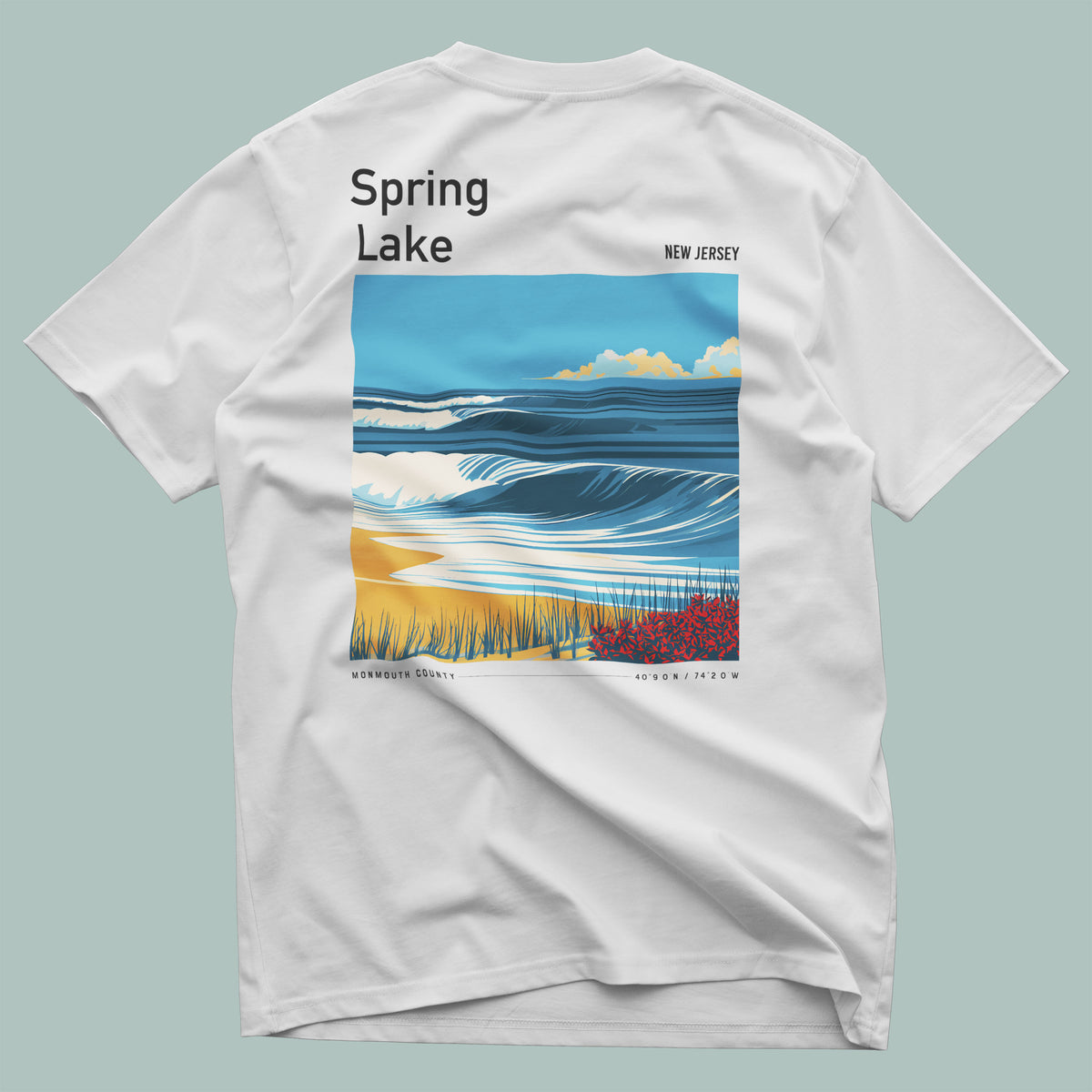 Spring Lake Surf T-Shirt | Jersey Shore Wave Art Tee — design printed on the back of the t-shirt