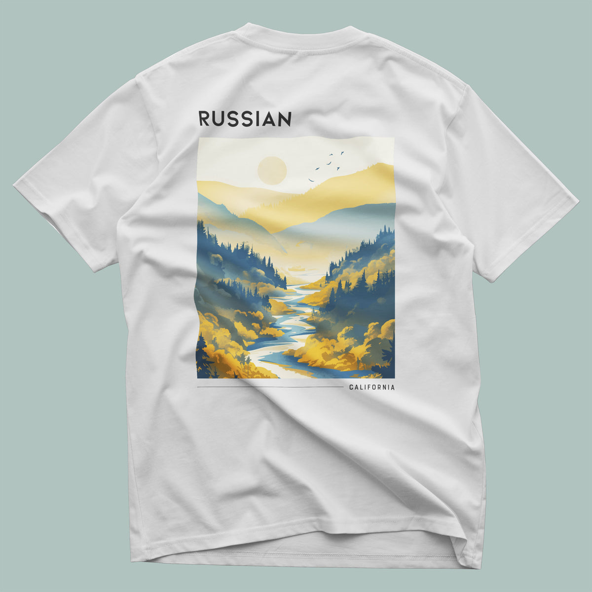 Russian River Valley Travel T-Shirt | Wine Country California Art Tee — design printed on the back of the t-shirt