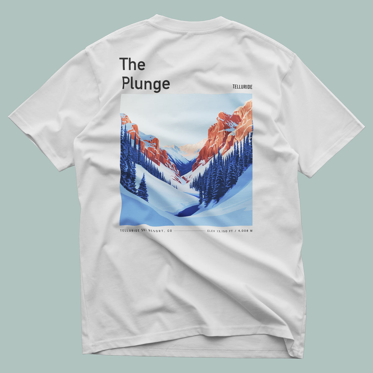 The Plunge Ski T-Shirt | Telluride Mountain Art Tee — design printed on the back of the t-shirt