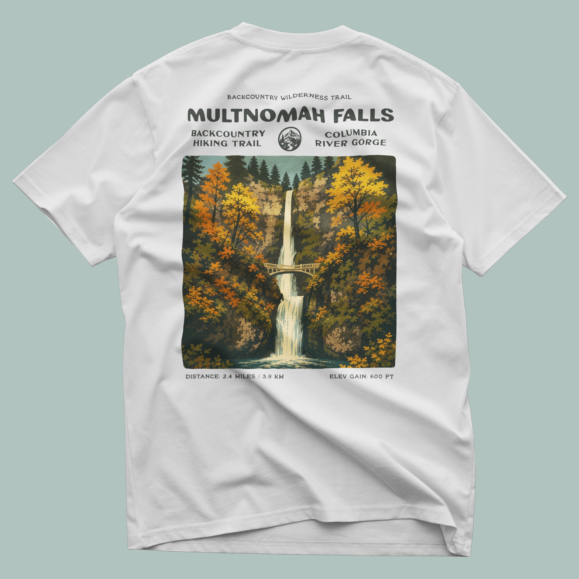 Multnomah Falls Hiking T-Shirt | Hiker Gift | Oregon Waterfall Trail Tee — design printed on the back of the t-shirt