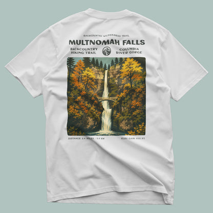 Multnomah Falls Hiking T-Shirt | Hiker Gift | Oregon Waterfall Trail Tee — design printed on the back of the t-shirt