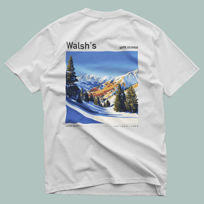 Walsh's Aspen Ski T-Shirt | Rocky Mountain Legend Art Tee — design printed on the back of the t-shirt