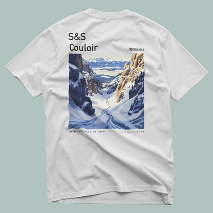 S&S Couloir Ski T-Shirt | Jackson Hole Mountain Art Tee — design printed on the back of the t-shirt