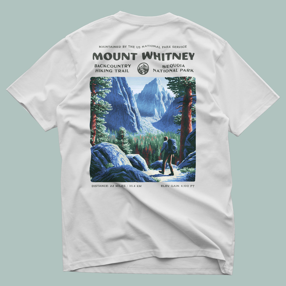 Mount Whitney Hiking T-Shirt | Hiker Gift | Summit Trail Block Print — design printed on the back of the t-shirt