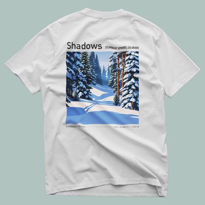 Shadows, Steamboat Ski T-Shirt | Rocky Mountain Powder Art Tee — design printed on the back of the t-shirt