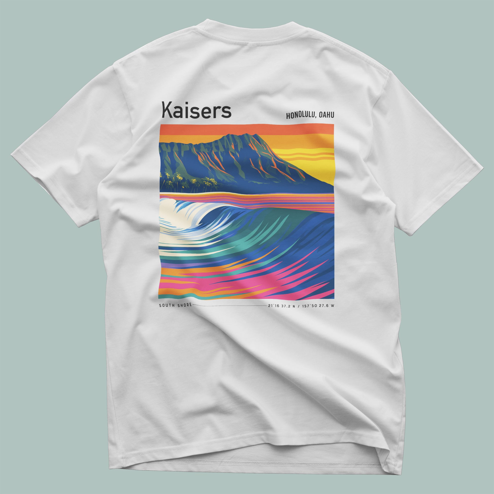 Kaisers Surf T-Shirt | Hawaiian Reef Break Wave Art — design printed on the back of the t-shirt