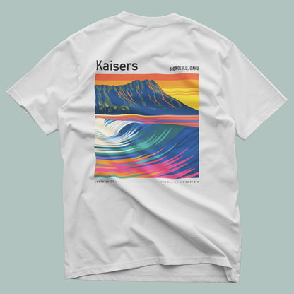 Kaisers Surf T-Shirt | Hawaiian Reef Break Wave Art — design printed on the back of the t-shirt