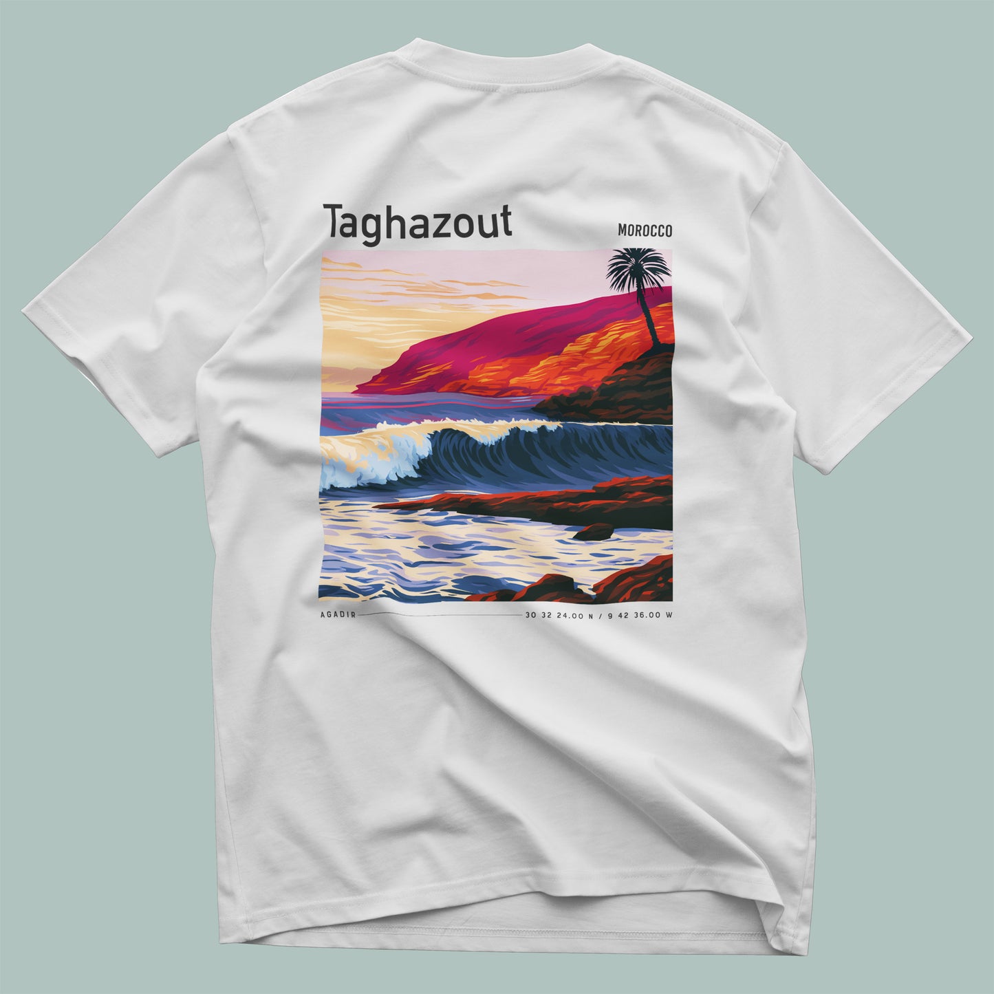 Taghazout Surf T-Shirt | Moroccan Wave Art Tee — design printed on the back of the t-shirt