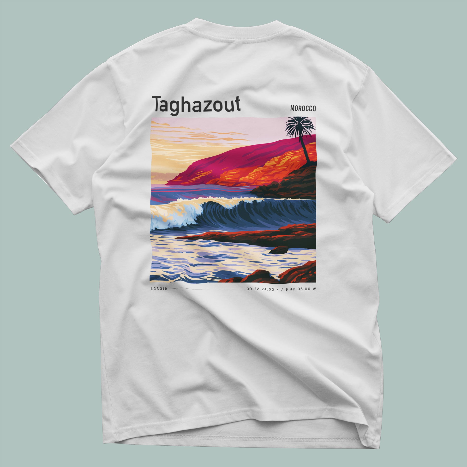 Taghazout Surf T-Shirt | Moroccan Wave Art Tee — design printed on the back of the t-shirt
