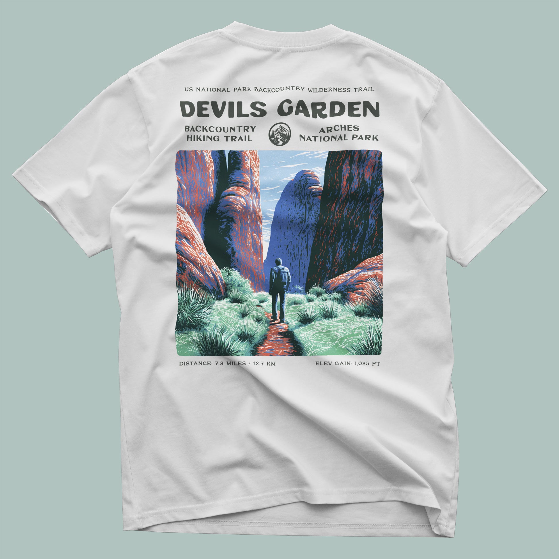 Devils Garden Hiking T-Shirt | Hiker Gift | Arches National Park Tee — design printed on the back of the t-shirt