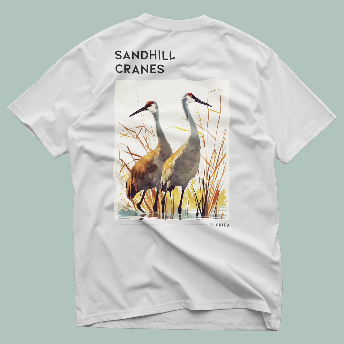 Sandhill Cranes Florida Travel T-Shirt | Wild Birds of the Sunshine State — design printed on the back of the t-shirt