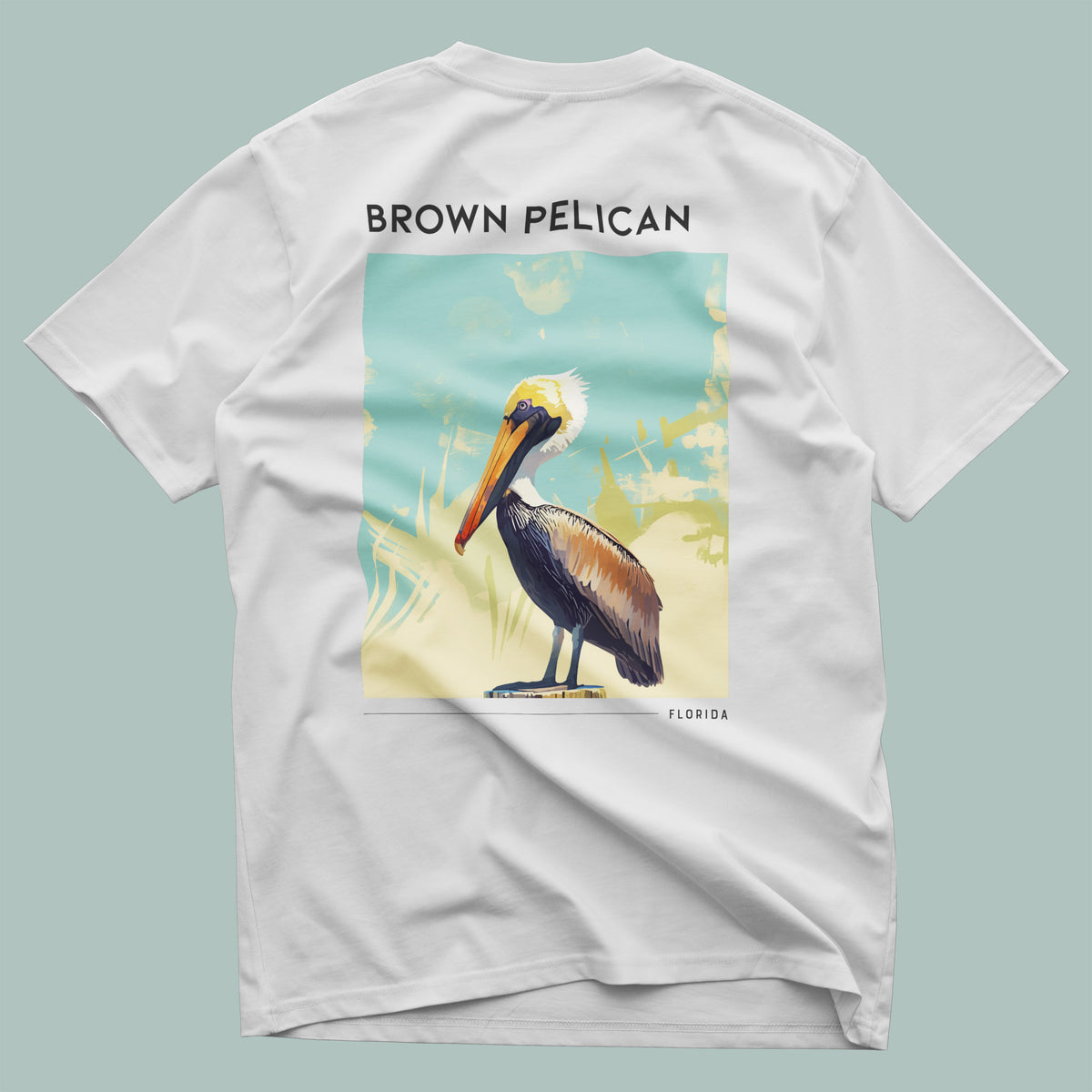 Florida Travel T-Shirt | Brown Pelican Coastal Art Tee — design printed on the back of the t-shirt