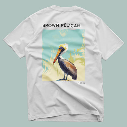 Florida Travel T-Shirt | Brown Pelican Coastal Art Tee — design printed on the back of the t-shirt