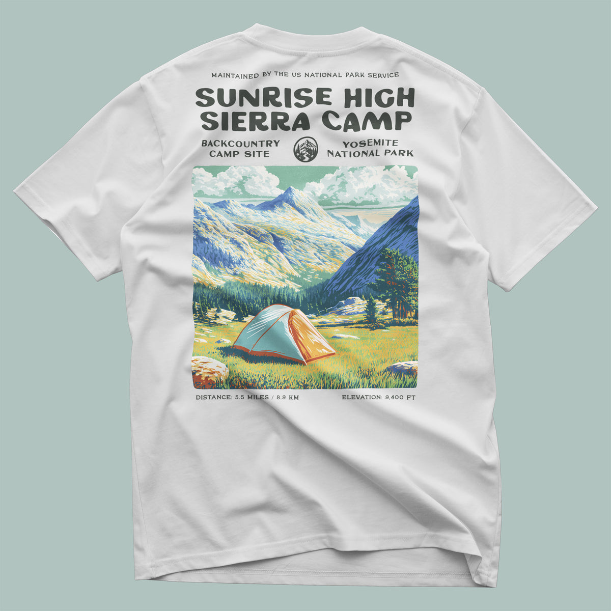 Sunrise High Sierra Camp Hiking T-Shirt | Camper Gift | Yosemite Backcountry Tee — design printed on the back of the t-shirt