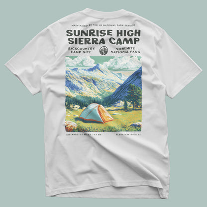 Sunrise High Sierra Camp Hiking T-Shirt | Camper Gift | Yosemite Backcountry Tee — design printed on the back of the t-shirt