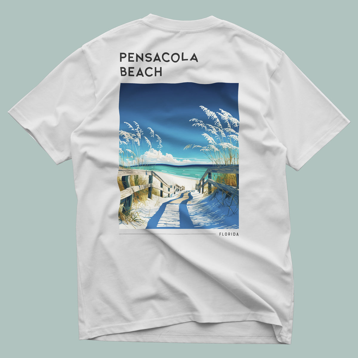 Pensacola Beach Travel T-Shirt | Gulf Coast Sun & Sand — design printed on the back of the t-shirt