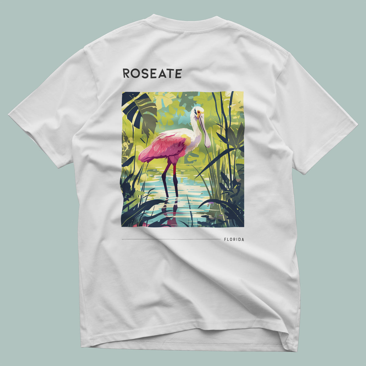 Florida Roseate Spoonbill Travel T-Shirt | Pink Wings, Wild Places — design printed on the back of the t-shirt