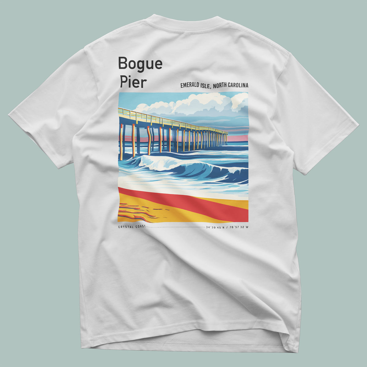 Bogue Pier Surf T-Shirt | Carolina Coast Wave Art Tee — design printed on the back of the t-shirt