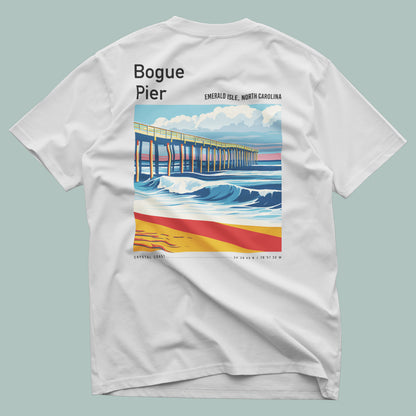Bogue Pier Surf T-Shirt | Carolina Coast Wave Art Tee — design printed on the back of the t-shirt