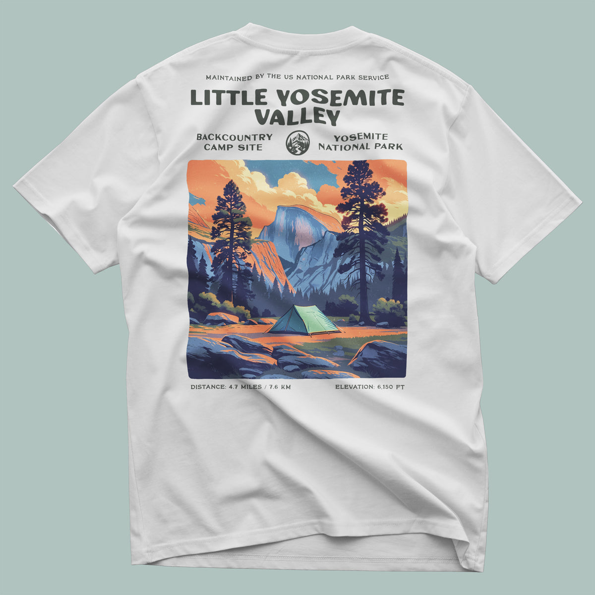 Little Yosemite Valley Hiking T-Shirt | Hiker Gift | High Sierra Trail Tee — design printed on the back of the t-shirt