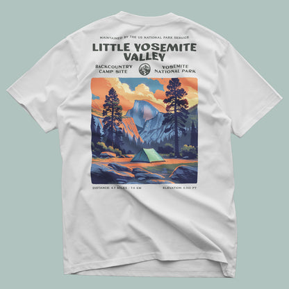 Little Yosemite Valley Hiking T-Shirt | Hiker Gift | High Sierra Trail Tee — design printed on the back of the t-shirt