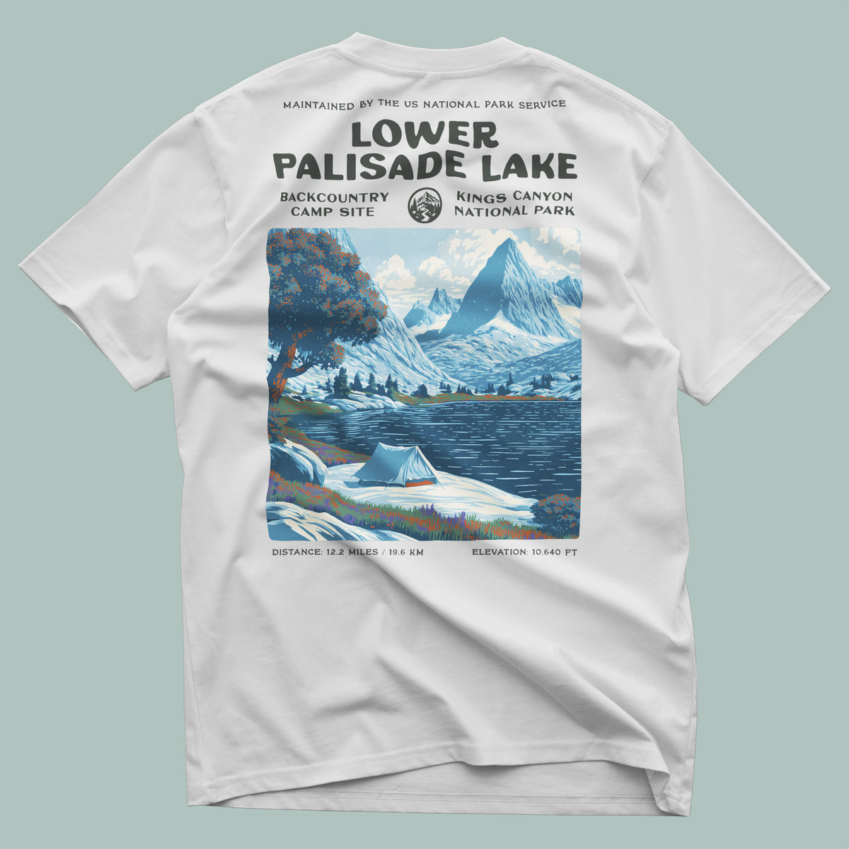 Lower Palisade Lake Hiking T-Shirt | Backpacker Gift | High Sierra Trail Tee — design printed on the back of the t-shirt