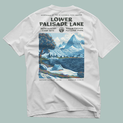 Lower Palisade Lake Hiking T-Shirt | Backpacker Gift | High Sierra Trail Tee — design printed on the back of the t-shirt