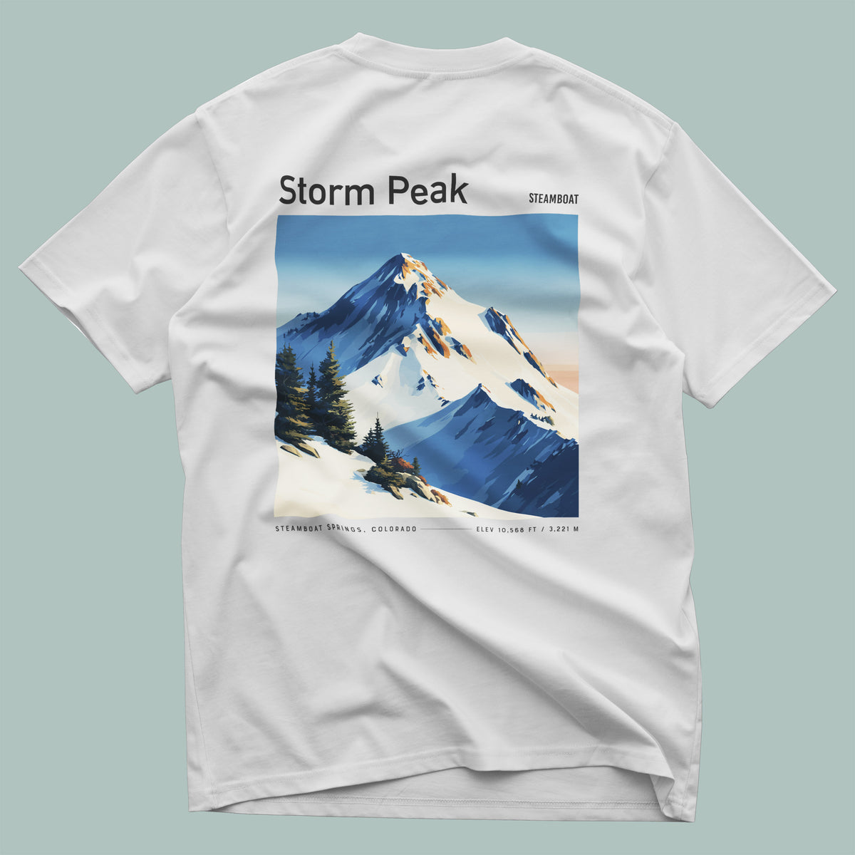 Storm Peak Steamboat Ski T-Shirt | Colorado Mountain Art Tee — design printed on the back of the t-shirt