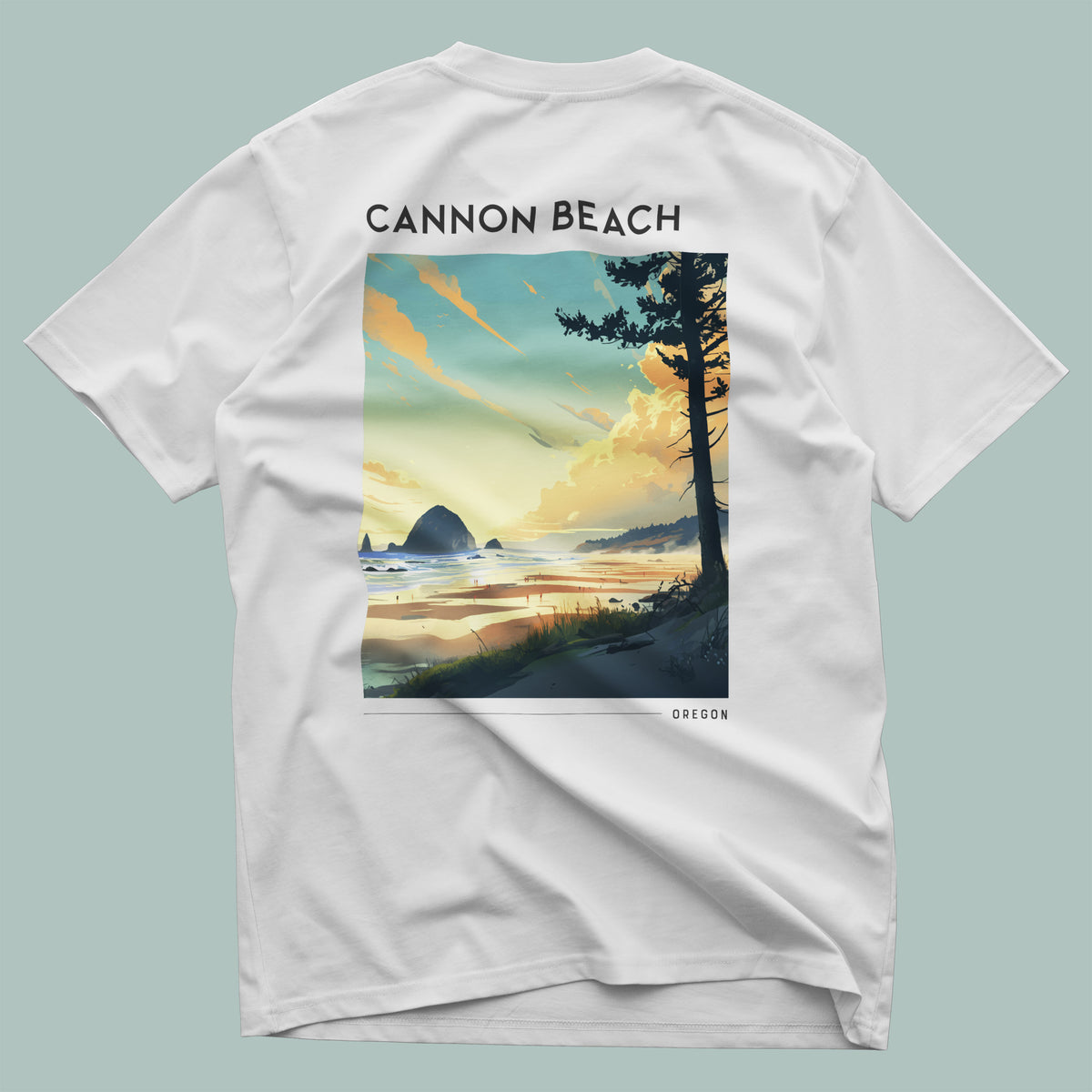 Cannon Beach Travel T-Shirt | Oregon Coast Iconic Haystack Rock — design printed on the back of the t-shirt