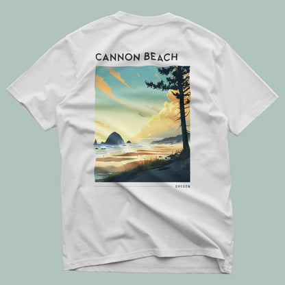 Cannon Beach Travel T-Shirt | Oregon Coast Iconic Haystack Rock — design printed on the back of the t-shirt