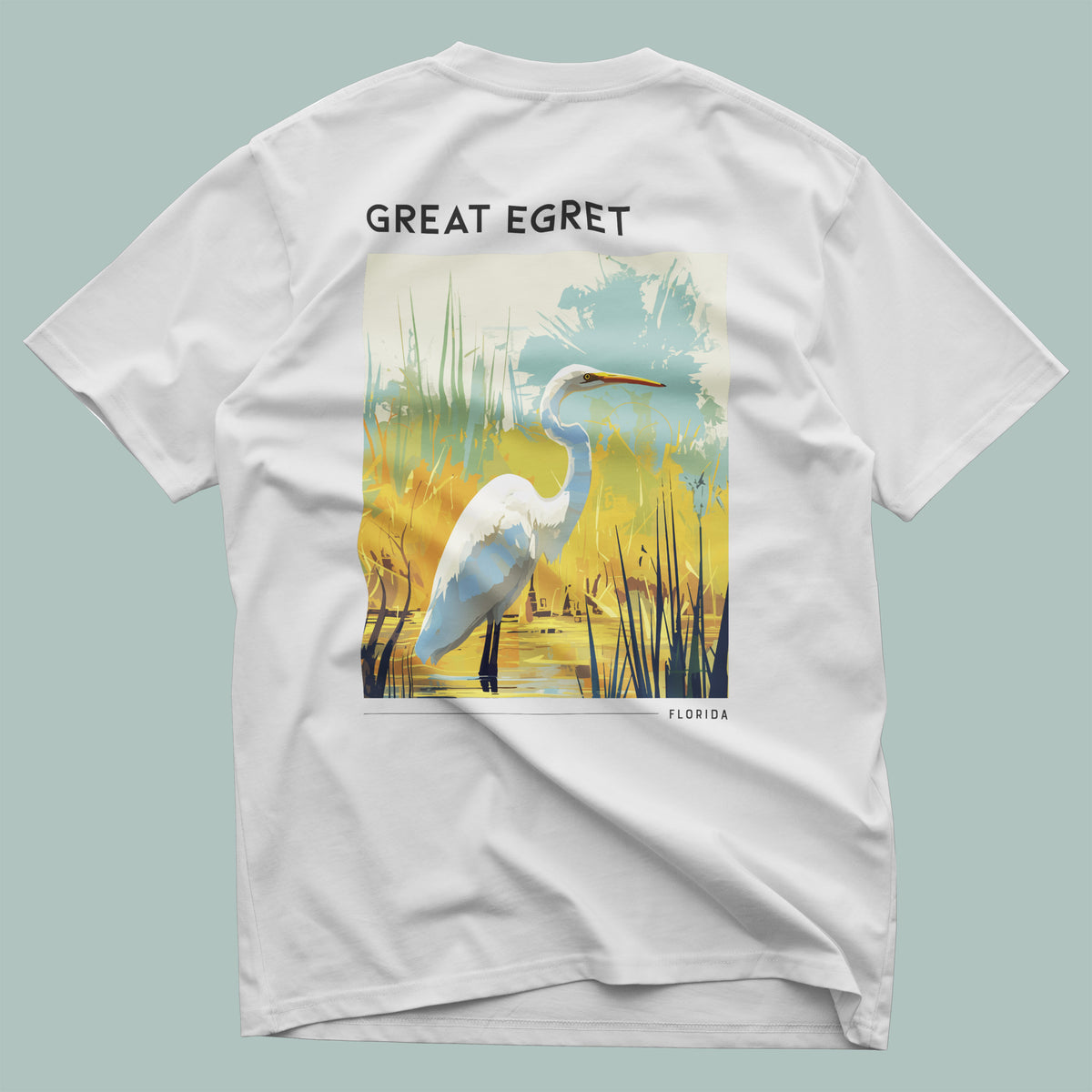 Florida Great Egret Travel T-Shirt | Coastal Wildlife Art Tee — design printed on the back of the t-shirt