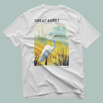 Florida Great Egret Travel T-Shirt | Coastal Wildlife Art Tee — design printed on the back of the t-shirt