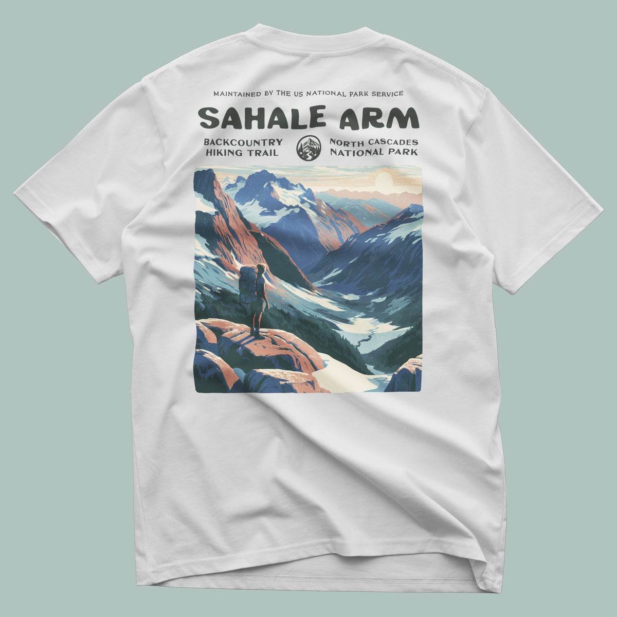 Sahale Arm Hiking T-Shirt | Hiker Gift | North Cascades Trail Tee — design printed on the back of the t-shirt