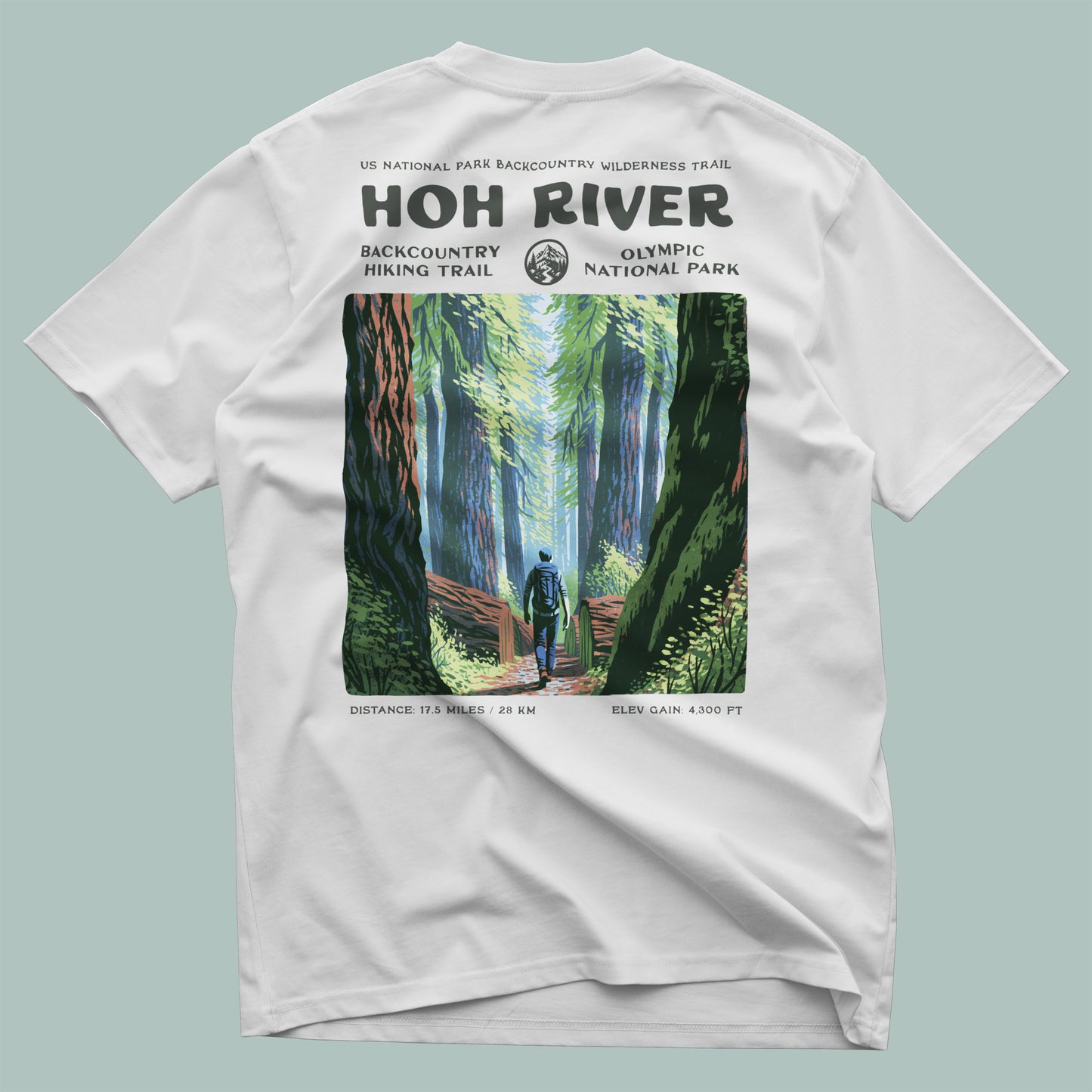 Hoh River Hiking T-Shirt | Olympic Rainforest Trail Art Tee — design printed on the back of the t-shirt