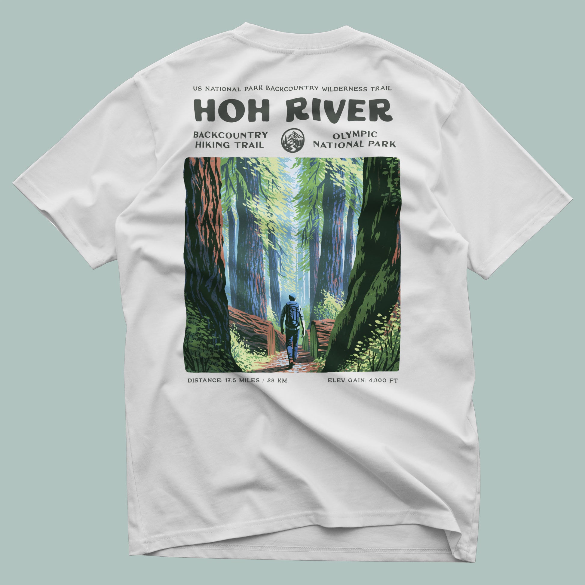 Hoh River Hiking T-Shirt | Olympic Rainforest Trail Art Tee — design printed on the back of the t-shirt