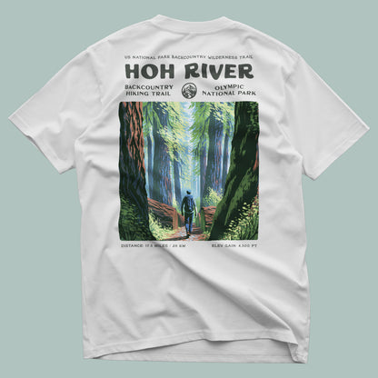 Hoh River Hiking T-Shirt | Olympic Rainforest Trail Art Tee — design printed on the back of the t-shirt
