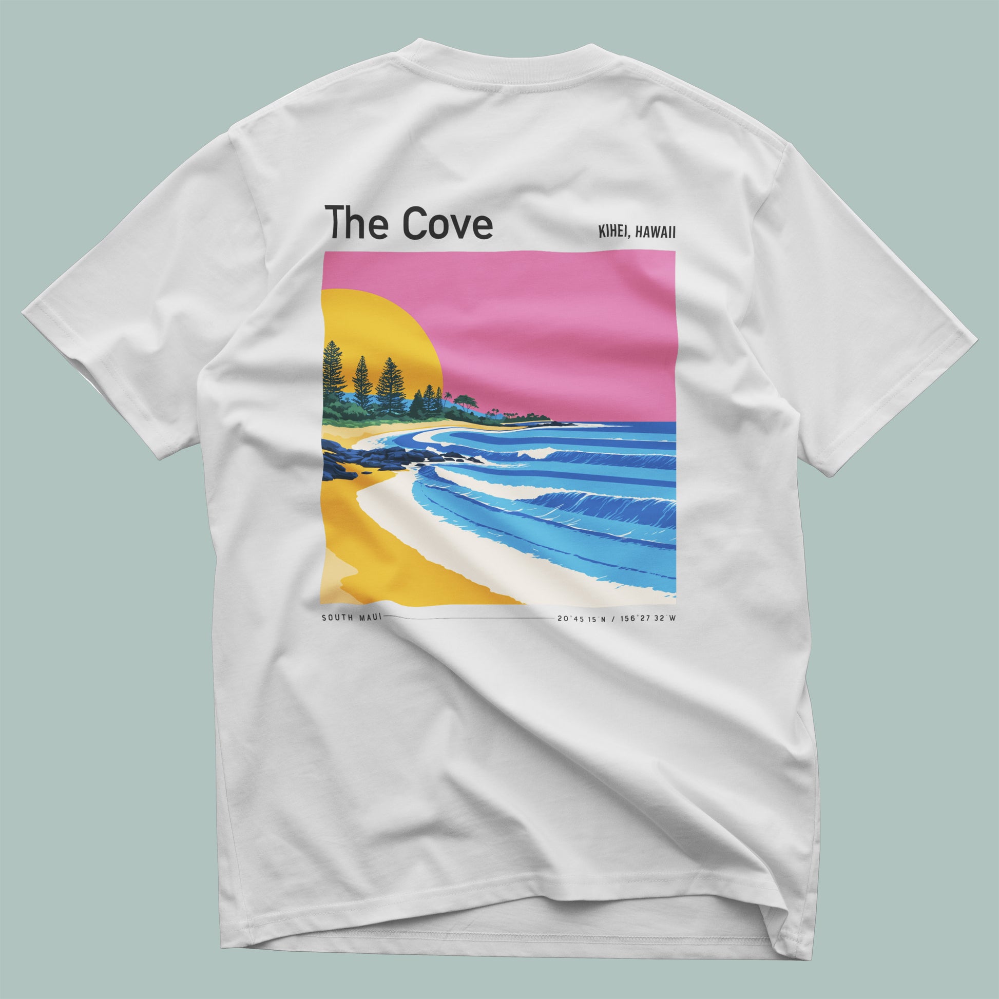 The Cove, Hawaii Surf T-Shirt | Hidden Wave Aloha Art Tee — design printed on the back of the t-shirt