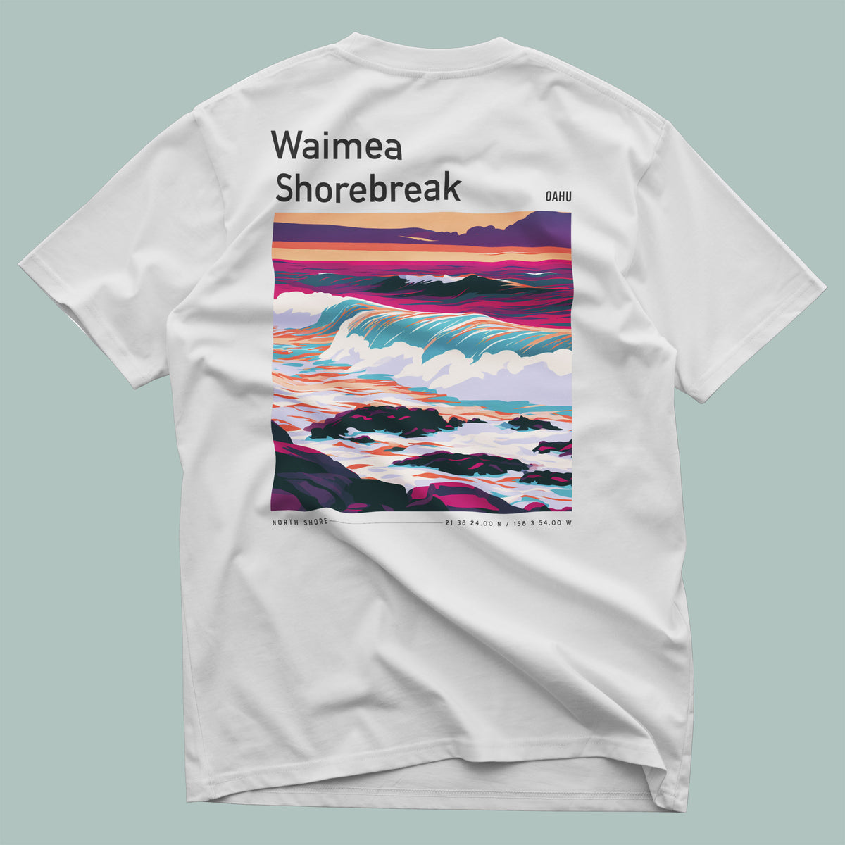 Waimea Shorebreak Surf T-Shirt | Raw Power, Big Wave Art — design printed on the back of the t-shirt