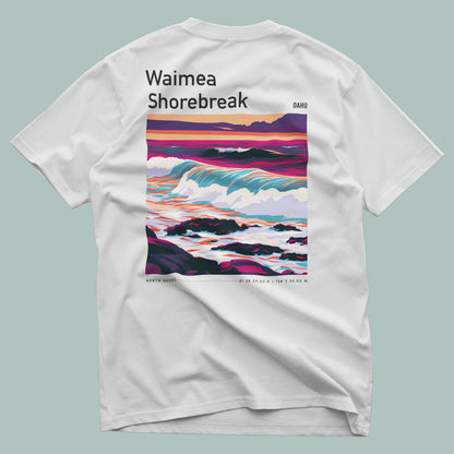 Waimea Shorebreak Surf T-Shirt | Raw Power, Big Wave Art — design printed on the back of the t-shirt