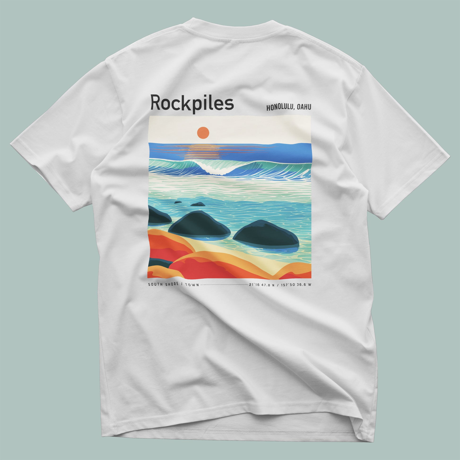 Rockpiles Surf T-Shirt | Raw Hawaiian Reef Wave Tee — design printed on the back of the t-shirt