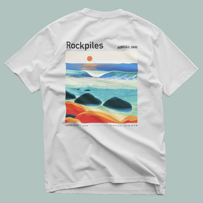 Rockpiles Surf T-Shirt | Raw Hawaiian Reef Wave Tee — design printed on the back of the t-shirt