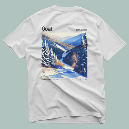 Goat, Stowe Ski T-Shirt | Vermont Mountain Art Tee — design printed on the back of the t-shirt
