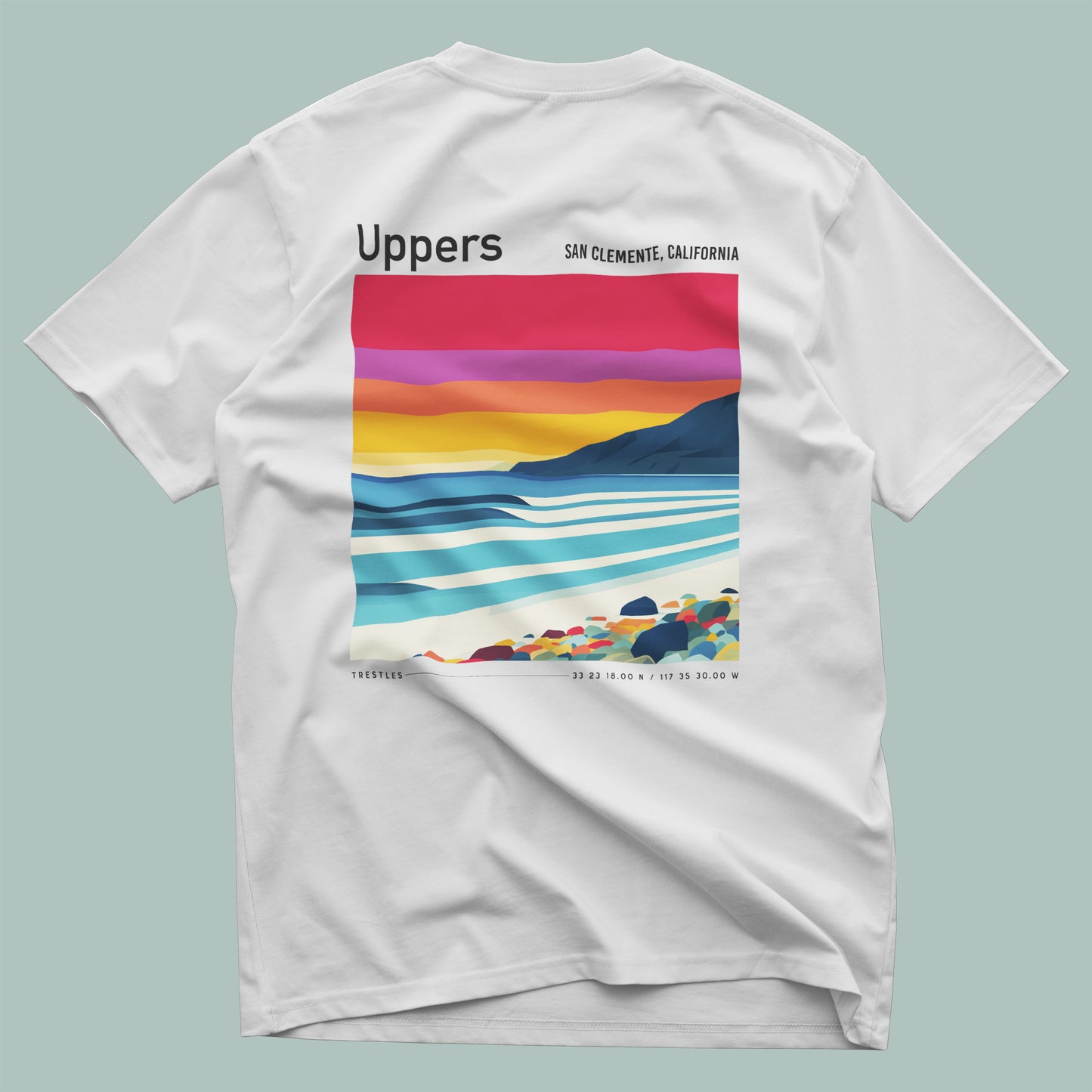 Uppers, Trestles Surf T-Shirt | Southern California Wave Art Tee — design printed on the back of the t-shirt